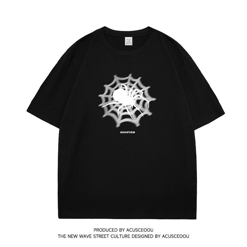 Мужская футболка с короткими рукавами и паутиной, мужская летняя свободная одежда с круглым вырезом, модная брендовая американская футболка из чистого хлопка S чёрный