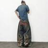 European and American high street loose wide-leg straight American Y washed retro embroidered trendy jeans