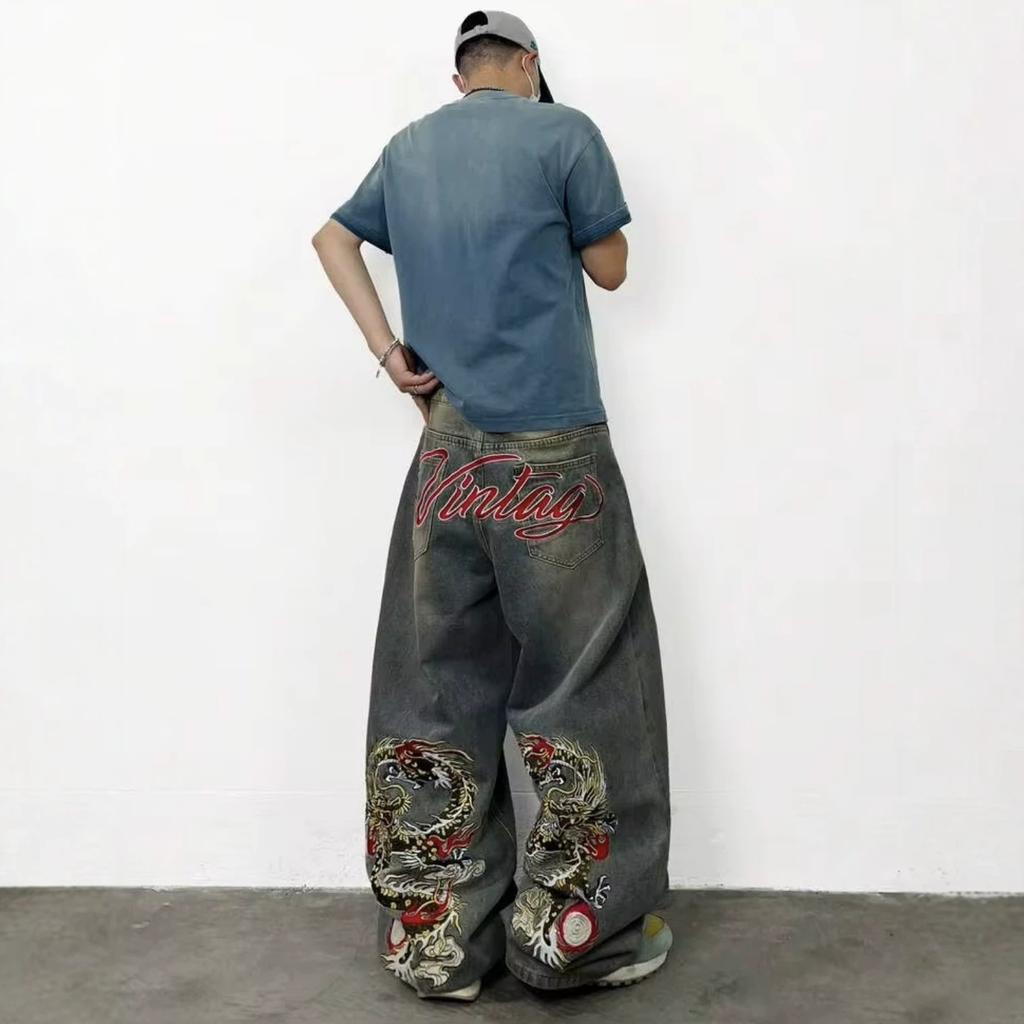 European and American high street loose wide-leg straight American Y washed retro embroidered trendy jeans