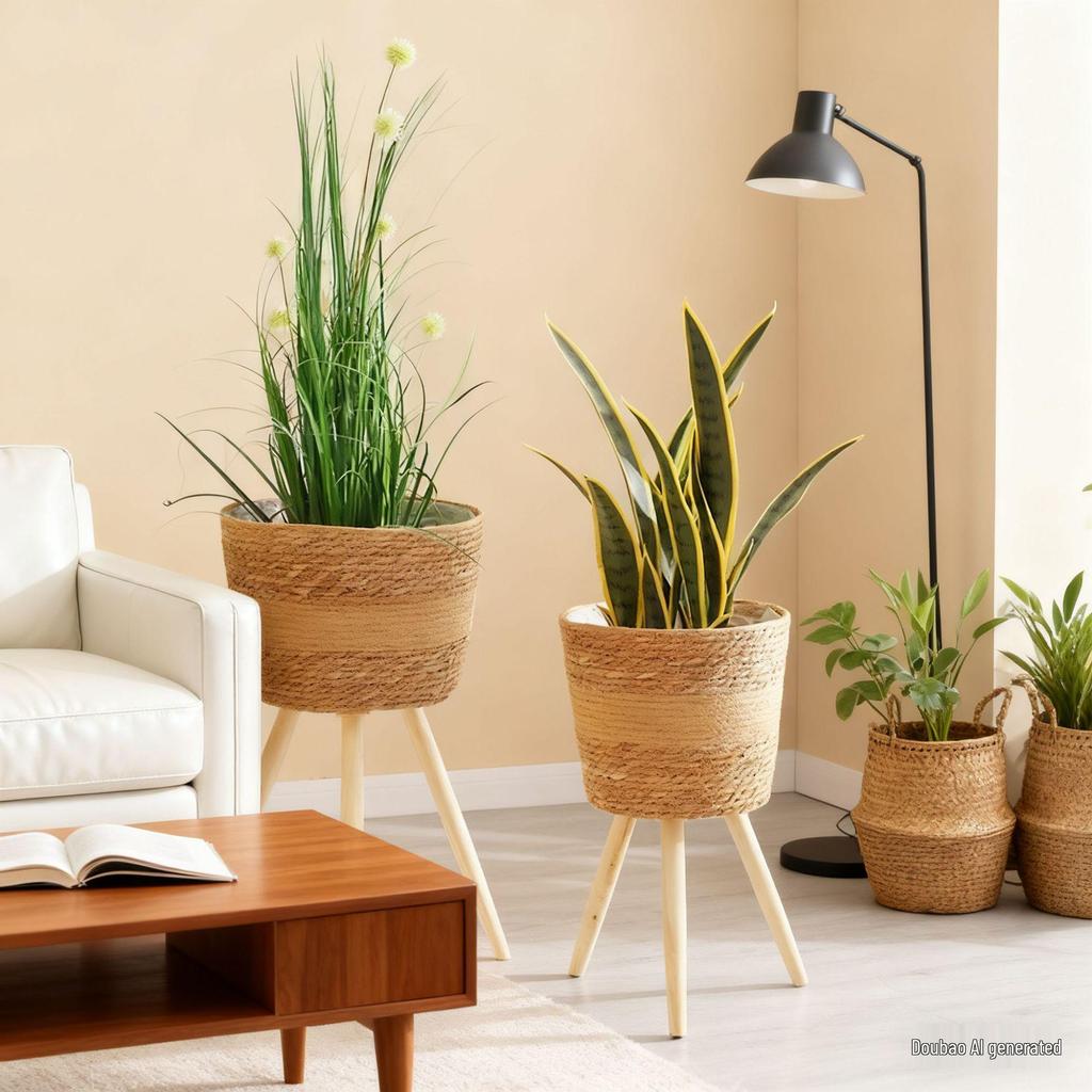 Nordic Rattan Woven Flower Pot and Stand for Living Room/Balcony Decor.