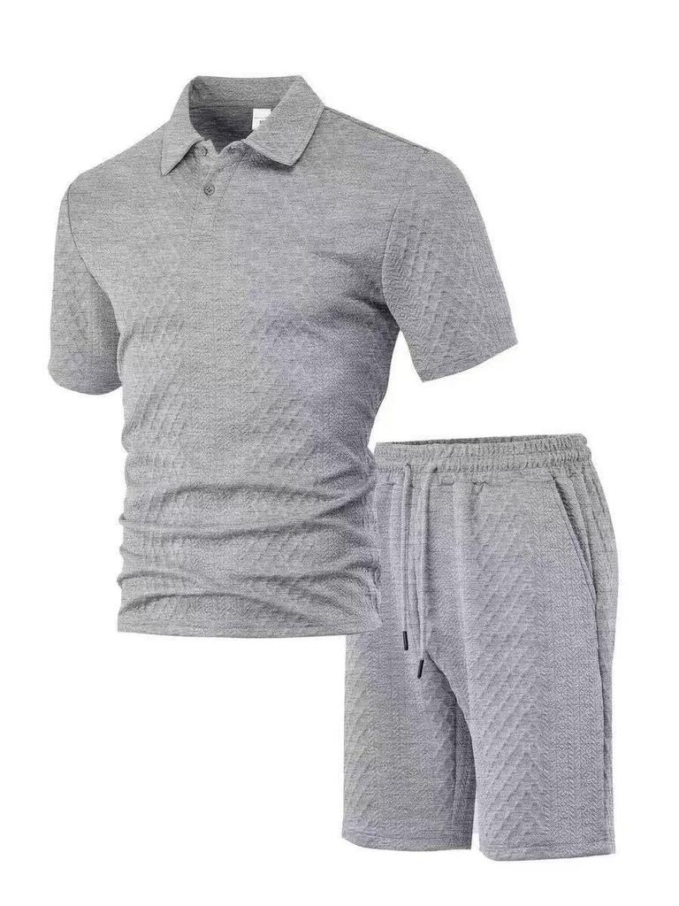 Men's Summer Jacquard Fabric Casual Polo Shirt & Shorts Set