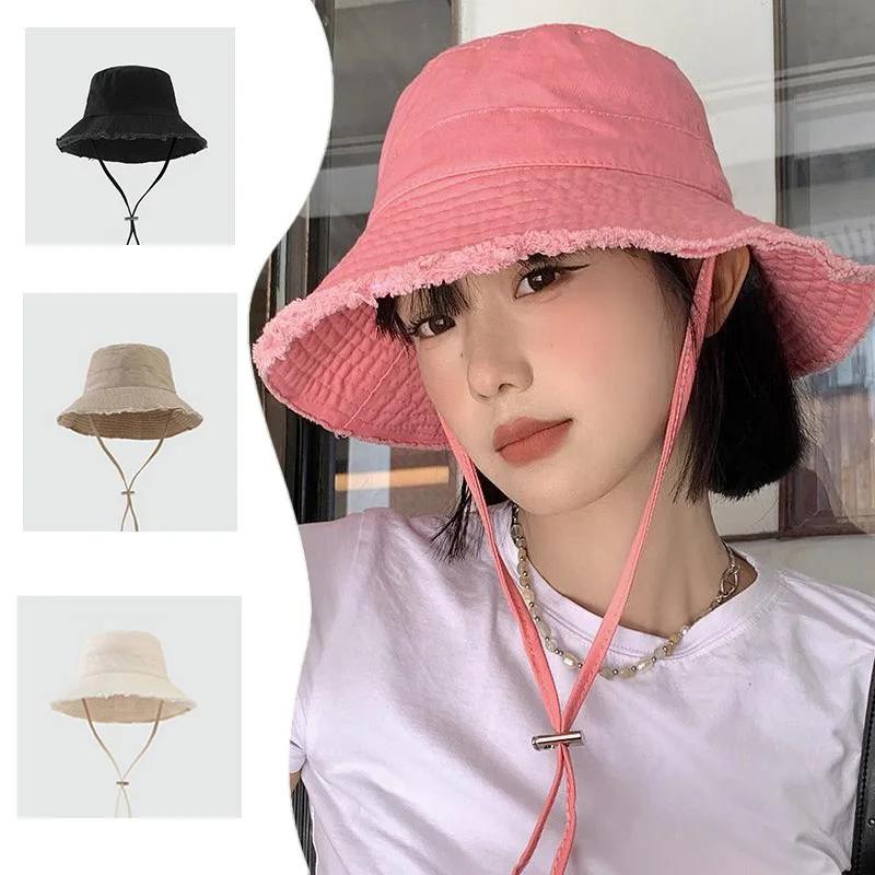 Women Solid Color Sunshade Bucket Hat Soft Cotton Tassel Brim Foldable Fisherman Cap Lady Girl Outdoor Beach Travel Sun Caps