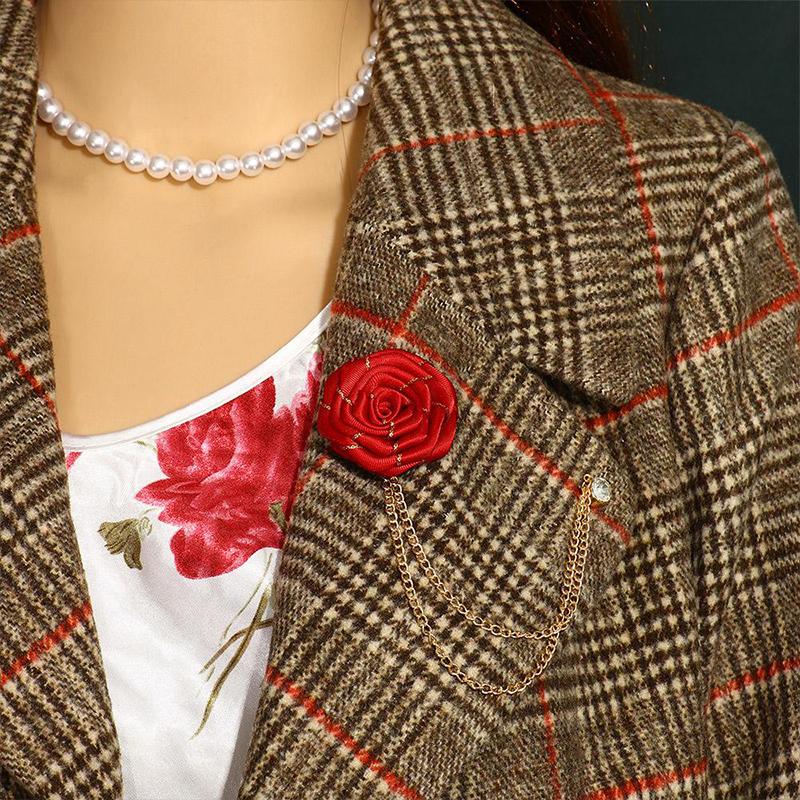 Men Wedding Brooches Cloth Art Handmade Rose Flower Brooch Lapel Pin Badge Tassel Chain Men'S Suit Accessories Groom Boutonniere