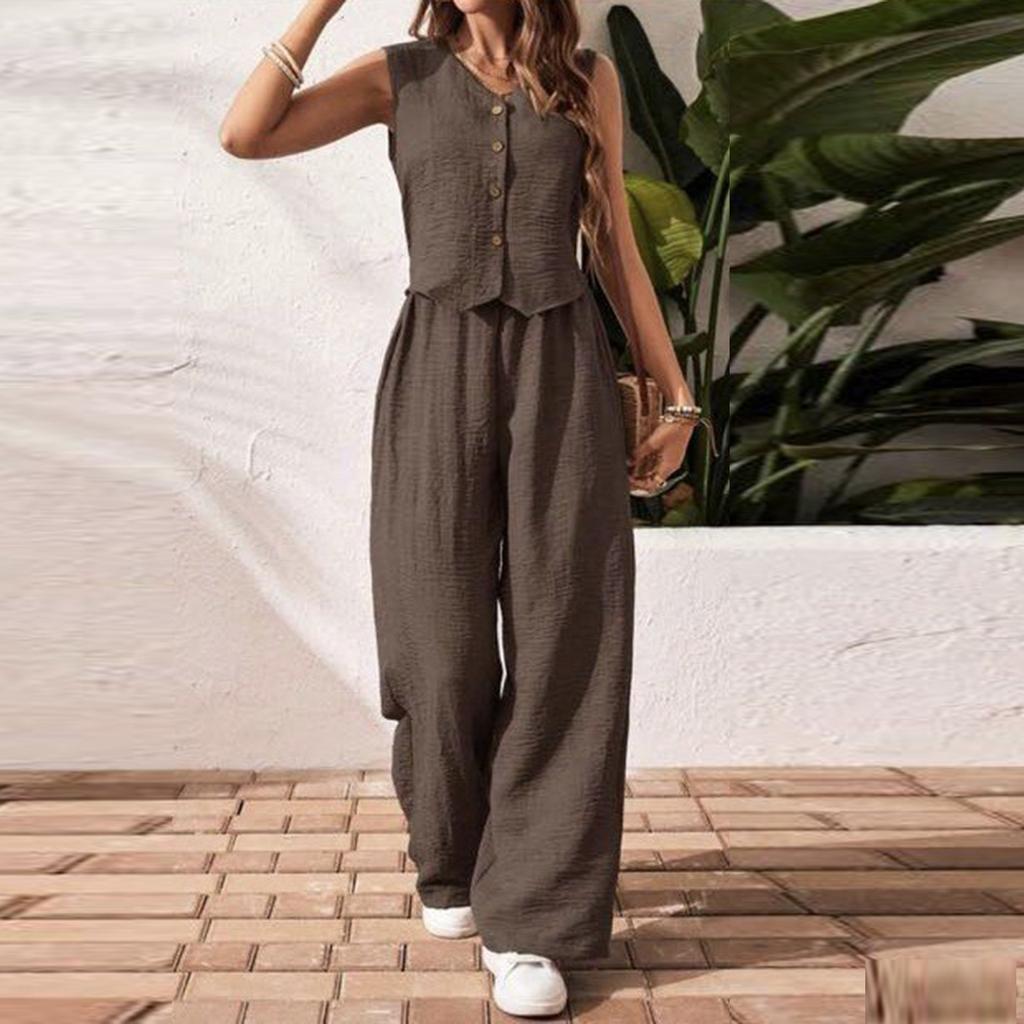 Women's Casual V-Neck Vest Linen-Cotton Blend Set