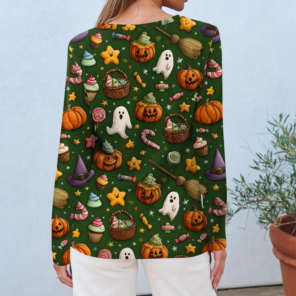 Women's Fashion Casual Long Sleeve Halloween Print Round Neck Top