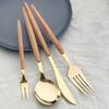 4Pcs Gold Cutlery Set Stainless Steel Dinnerware Wooden Handle Tableware Glossy Knife Fork Spoon Western Kitchen Silverware Set