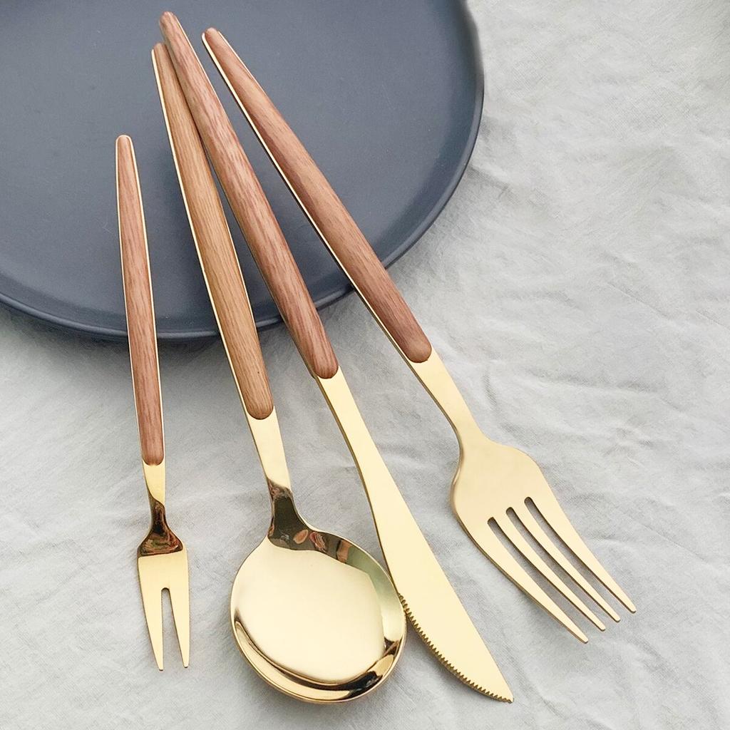 4Pcs Gold Besteck Set Edelstahl Geschirr Holzgriff Geschirr Glänzend Messer Gabel Löffel Westlichen Küche Besteck Set