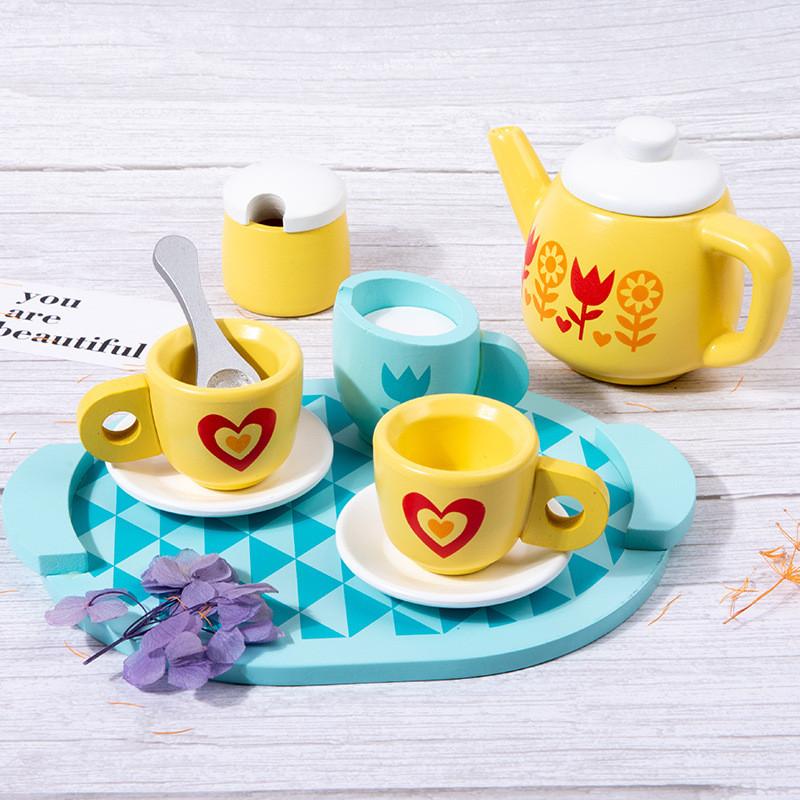 Shaped Wooden Heart Flower Checkered Pattern Afternoon Tea Set Children Toy