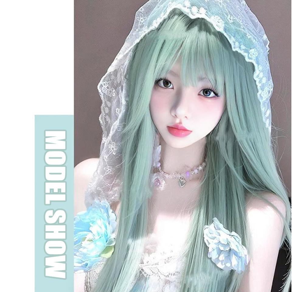 WTB Mint Milk Green Long Straight Synthetic Wig Female Fluffy Light Lolita Milk Green Straight Bangs Long Straight Wig