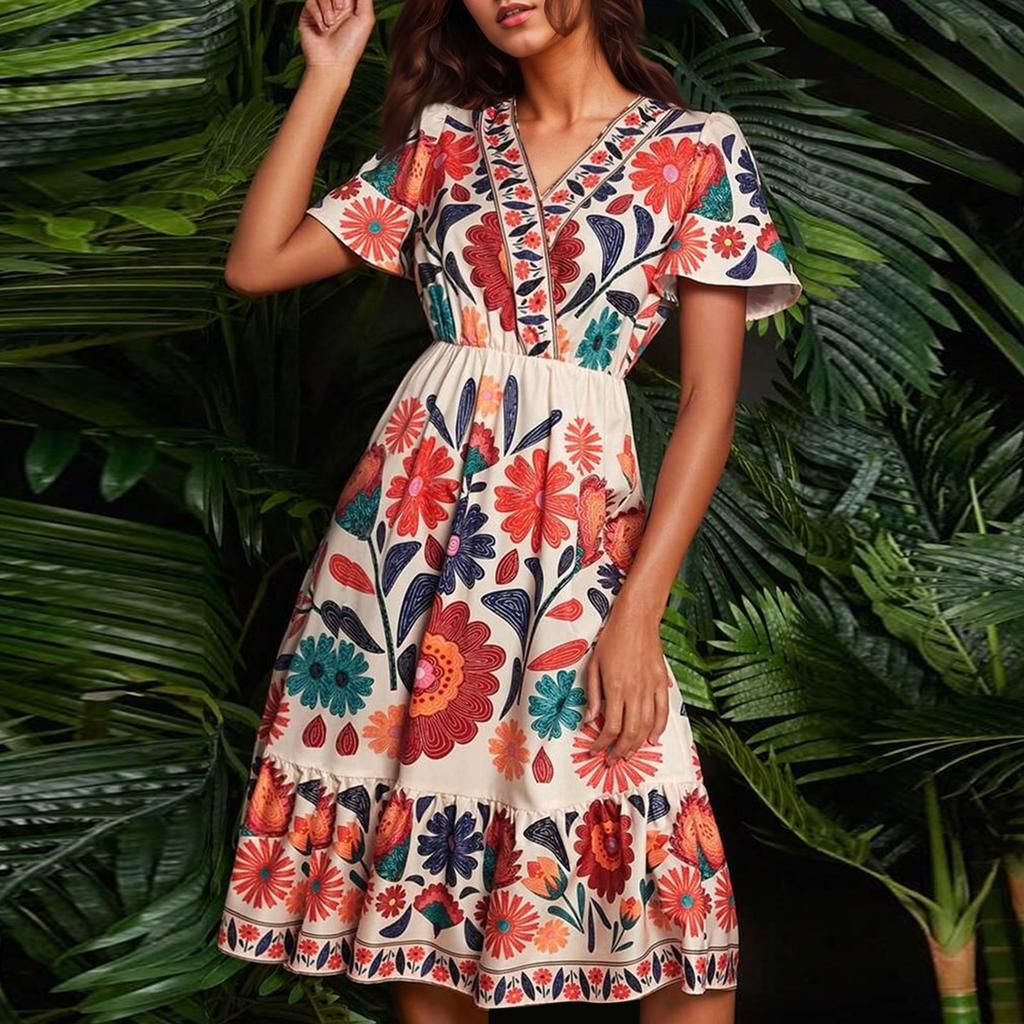 Women's Summer Dress Loose Beach Vacation Casual Deep V Neck Vest Dress Elegant Shirt Dress