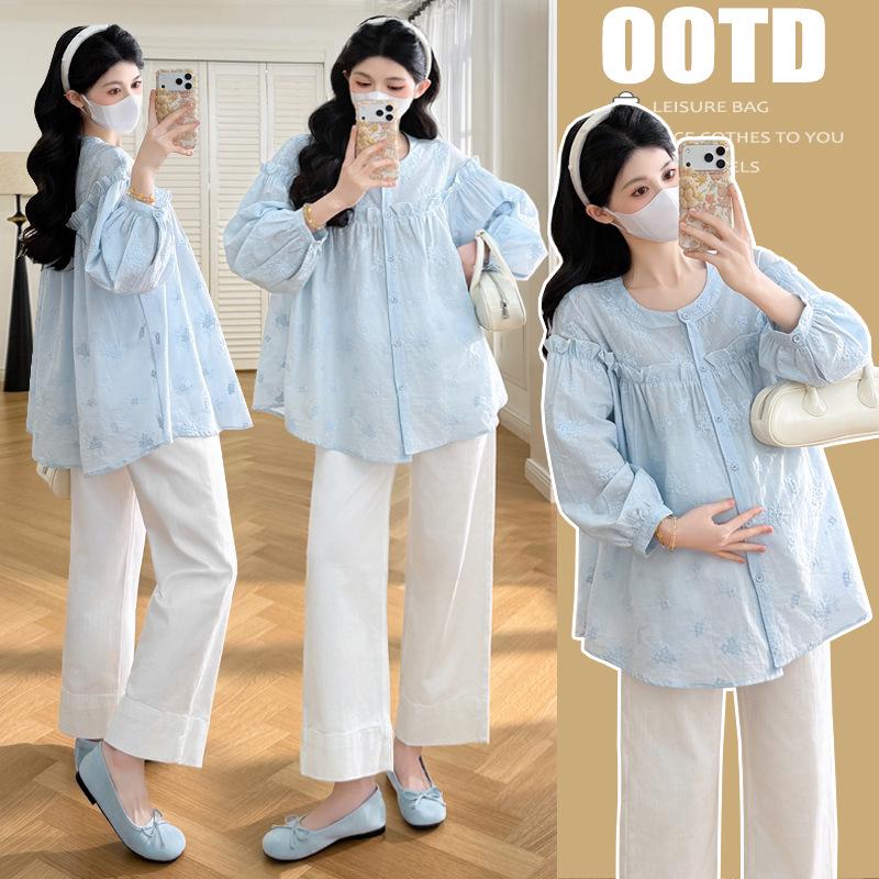 Spring 2026 Korean-Style Embroidered Long Sleeve Maternity Shirt L