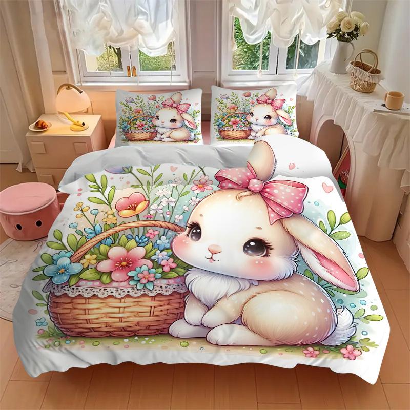 3pcs Bunny & Flowers Printed Bedding Set, Soft and Comfortable Quilt Cover for Bedroom, Guest Room (1 Duvet Cover + 2 Pillowcases, Pillow Co