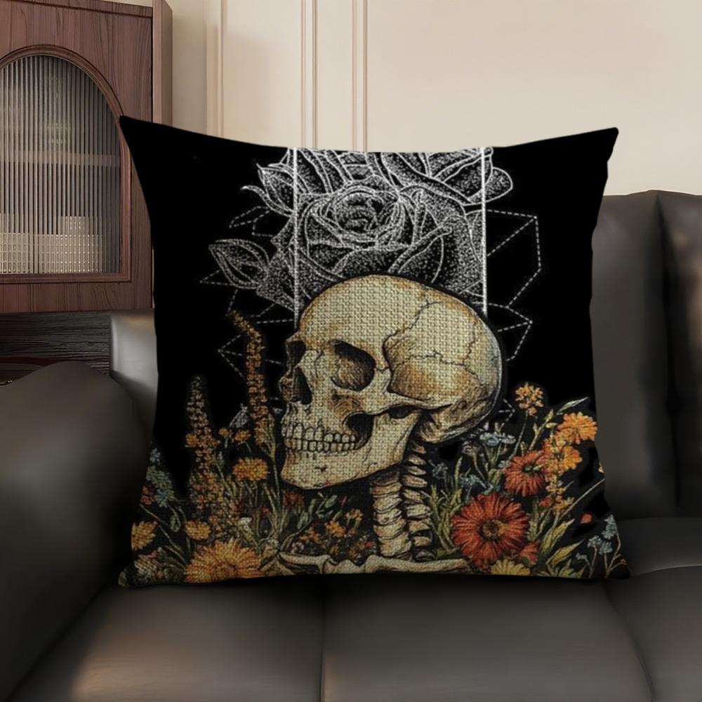 Luxurious Skull Pattern Cushion Cover Natural Linen Organic Fabric DoubleSided Printing Sofa Home Decor Breathable