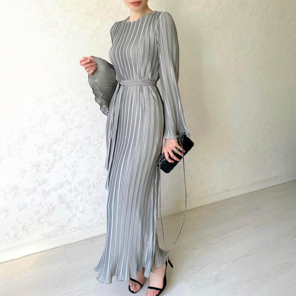 Autumn Spring Women Dress Bell Sleeves Round Neck Striped Pleated Solid Color Slim Fit Lace-up Strap Shirring Edge Prom Party Ma