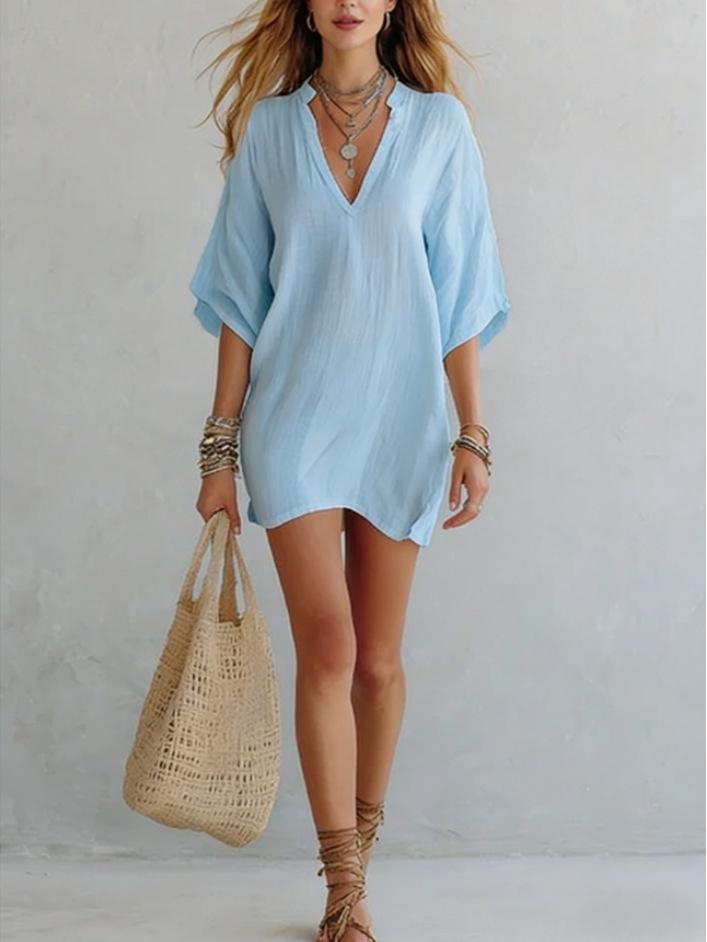 

2026 Европейская и Американская Свободная Повседневная Женская Хлопково-Льняная Короткая Юбка с V-образным Вырезом M светло-синий