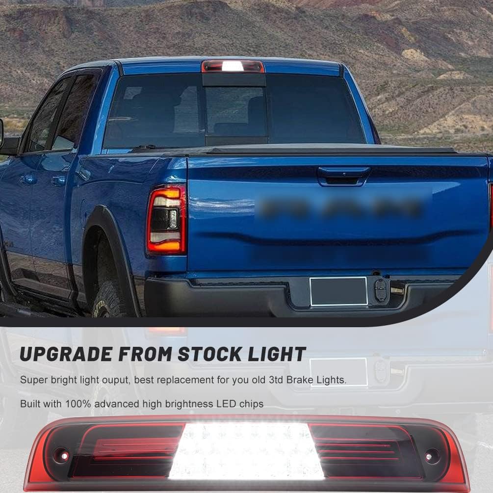 RAM 1500 LED 3Rd Brake Light For 2024 2025 RAM 1500 Rebel HFE Laramie Red Lens Third High Mount Stop Brake Lamps White LED Rear Center Roof