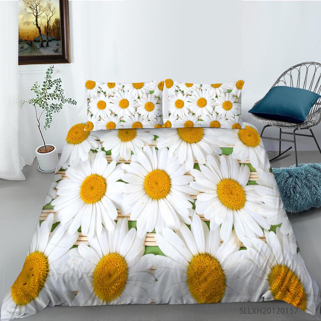 3D Small Daisy Pattern Bedding Single Double Bed Full Size Plant Chrysanthemum Pattern Pillowcase and Quilt Cover 2 or 3 Comfortable Home Decoration