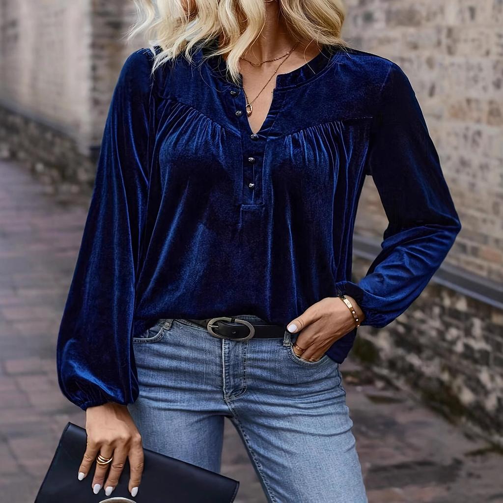 Spring and Autumn New Solid Color Pullover V-Neck Casual Temperament Commuter Button Long Sleeve Top Women