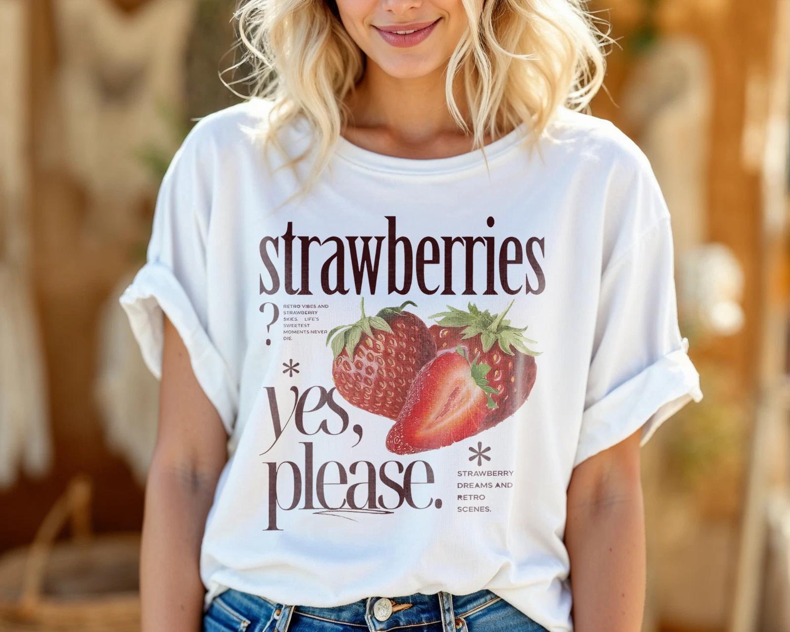 Strawberries Yes Please T-Shirt Retro Fruit Graphic Tee Summer Cute Unisex A70 L