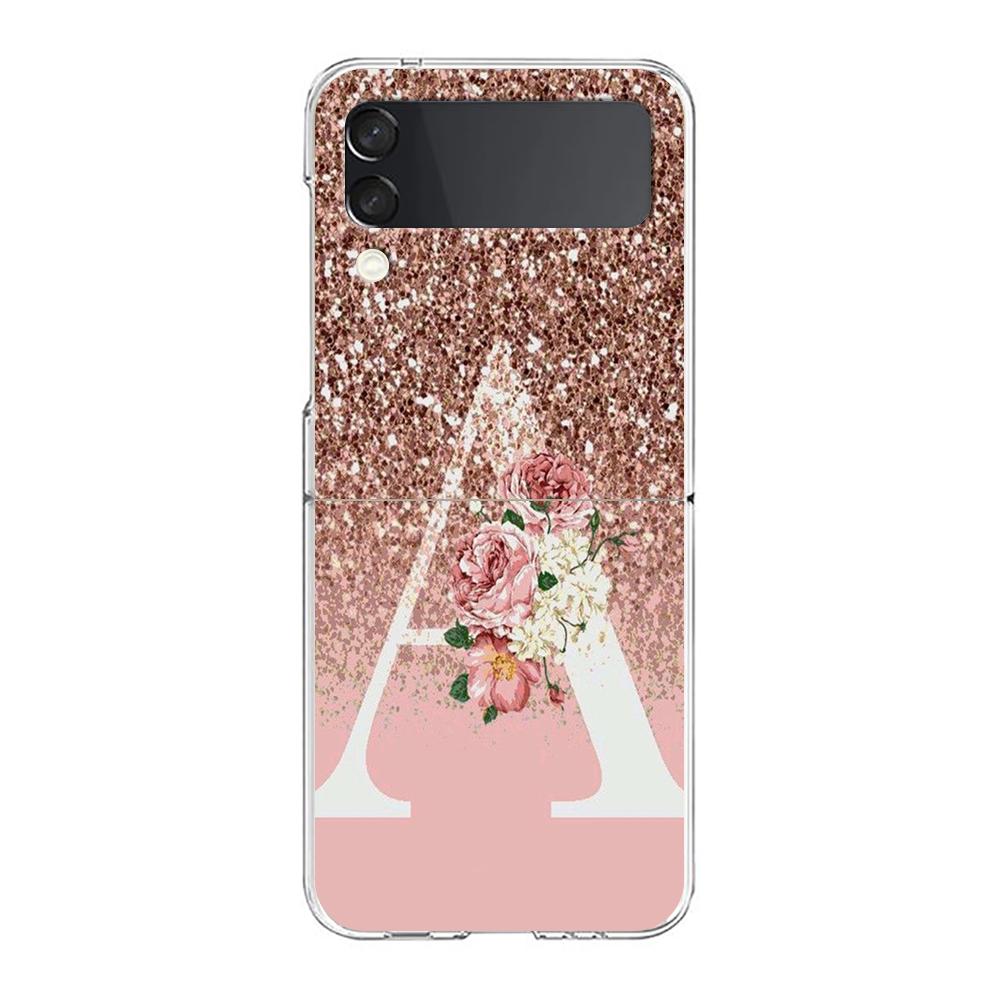 Letter Pink Shiny M R Phone Case For Samsung Galaxy Z Flip 3 4 5 Hard Folding Clear PC Bumper For Samsung Z Flip 6 Cover