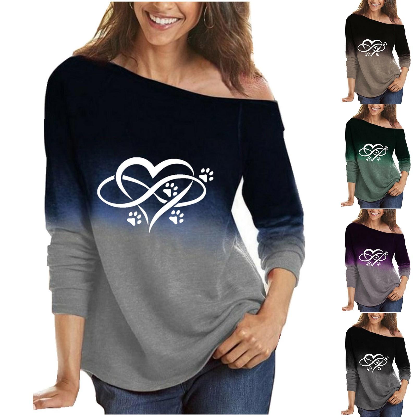 

Women s Fashion New Love Cat Long Sleeve Gradient Elements Long Sleeve T-shirt Top