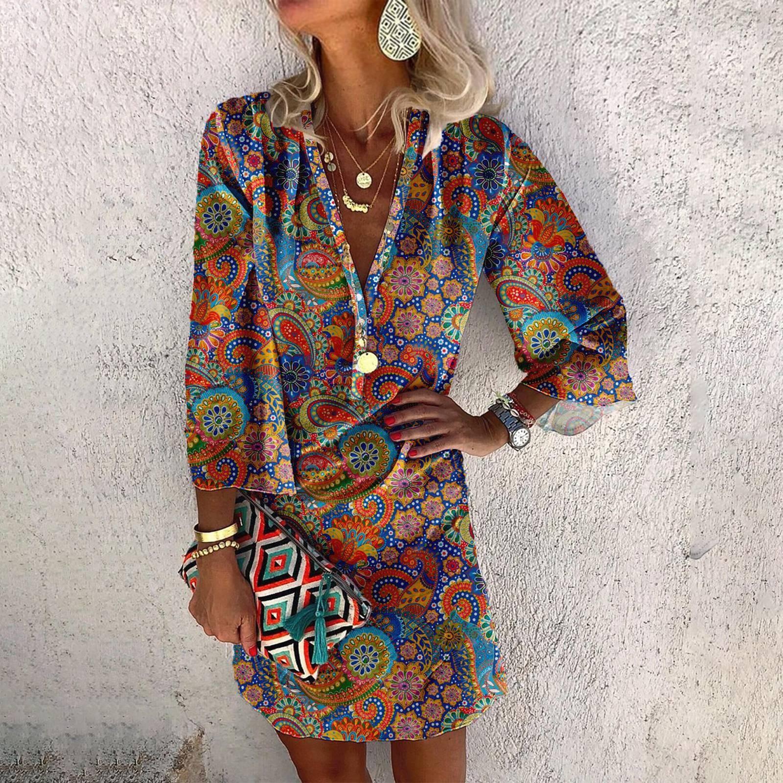 

Платья для женщин Повседневное платье с V-образным вырезом Повседневное платье с рукавами три четверти Сарафан на пуговицах XXL