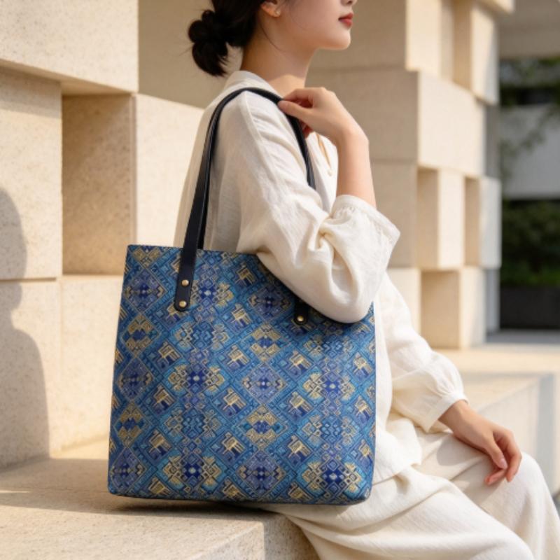 Large Capacity Women's Tote Bag , Geometric Jacquard Woven Shoulder Bag for Daily & Holiday Gift