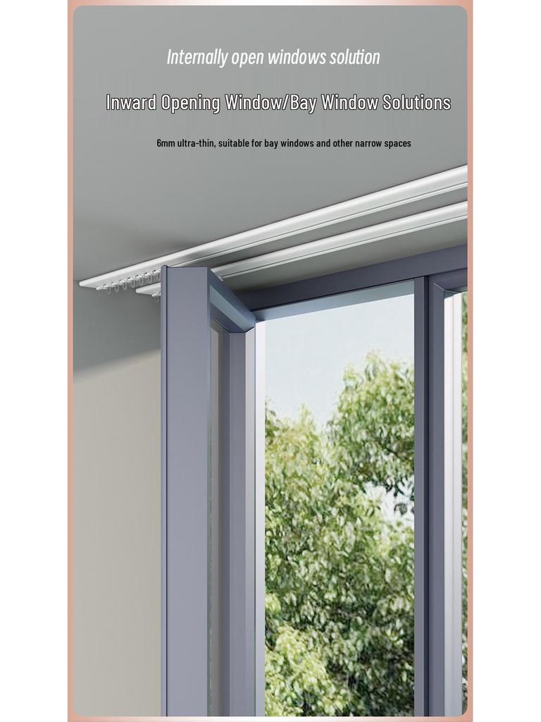 Inward Opening Bay Window Curtain Track - No-Drill, Shaped, Sliding with Hooks