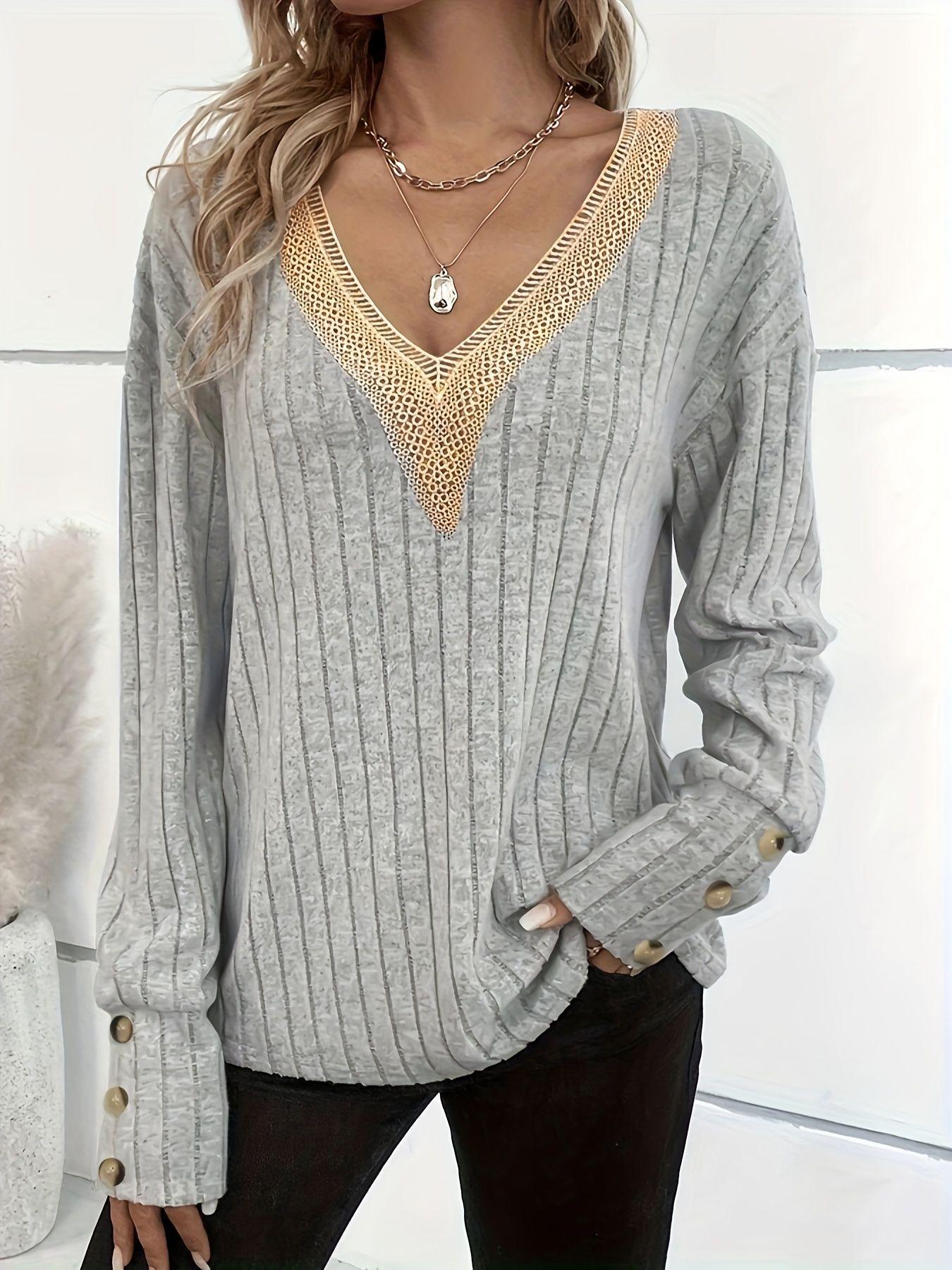 2024 Autumn/Winter Ribbed Patchwork V-Neck Long Sleeve Loose T-shirt Large серебряный серый