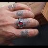 Retro Resin Red Gem Mongolian Flower Pattern Ring For Men Zinc Alloy Color Punk Gothic Adjustable Ring Unisex Zircon Accessories