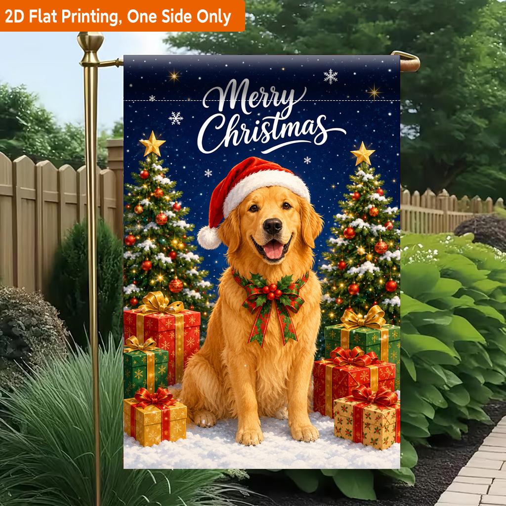 2D Flat, 2D Flat Printing Garden Flag 1pc, Golden Retriever Celebrating Christmas Durable Single-Sided Print Yard Flag, Garden & Home Holiday Decorati
