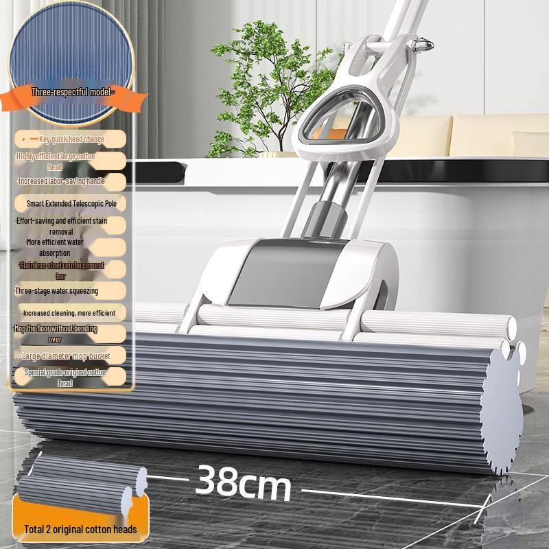 Retractable Roller Sponge Mop with Bucket Set and 2 Mop Heads