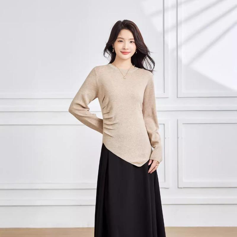 

Solid color round neck pullover irregular base knitted sweater autumn new top design sense long sleeve wool sweater women 120 (110-67.5 kg)
