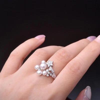 Anello Stella Luna Stella in Perla Naturale di Fiume di Imitazione Argento Placcato S925 Regolabile Tondo Piatto Piccolo Fresco Personalizzato Temperamento