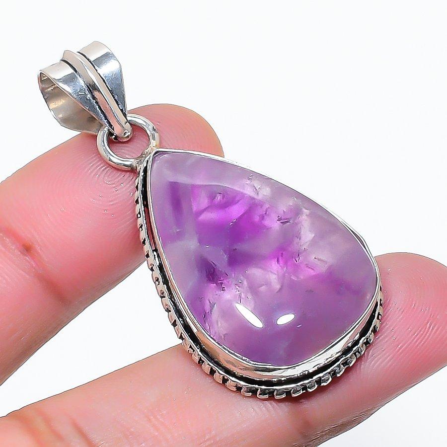 Natural Sage Amethyst Gemstone 925 Sterling Silver Jewelry Pendant 1.73" AP-15430