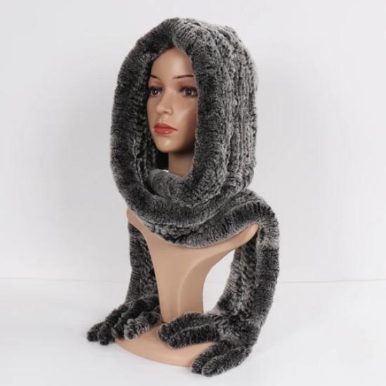 Winter Women Knitted Real Rex Rabbit Fur Hat Scarf Natural Soft Rex Rabbit Fur Hat Lady Warm Genuine Rabbit Fur Cap Scarves