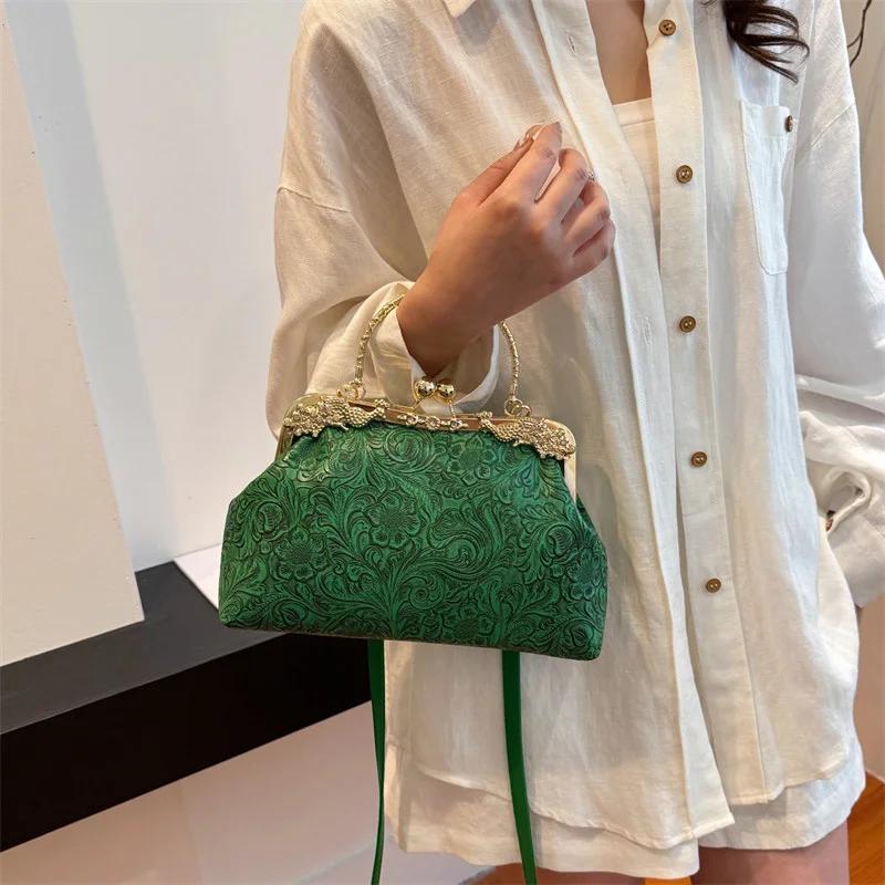 Chinese Style Prom Print Women Elegant Shoulder Bag Lady Chain Dinner Bags Green Shell Clip Fashion PU Leather