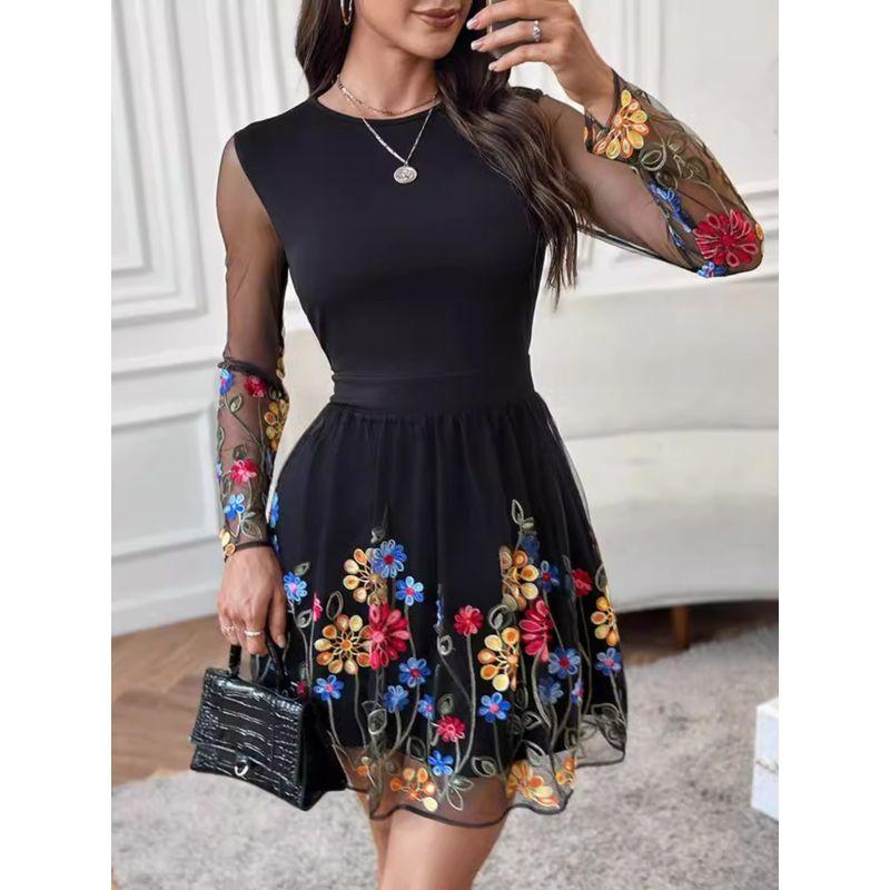 Fashion Embroidery Mesh Patchwork Long sleeve dress Waist Hugging Short dress Long Sleeve Short Dress