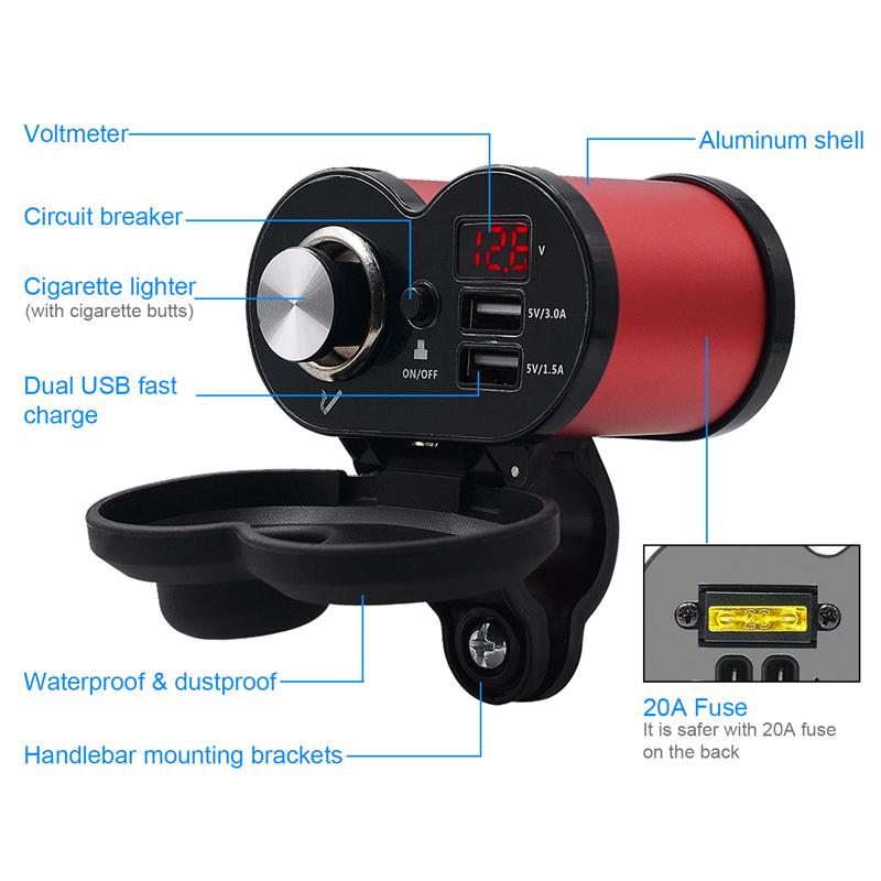 LMoDri Motorrad-USB-Ladegerät, Telefon, 12 V/24 V, Zigarettenanzünder-Buchse, Dual-USB-QC 3.0-Ladegerät, LED-Voltmeter, wasserdicht