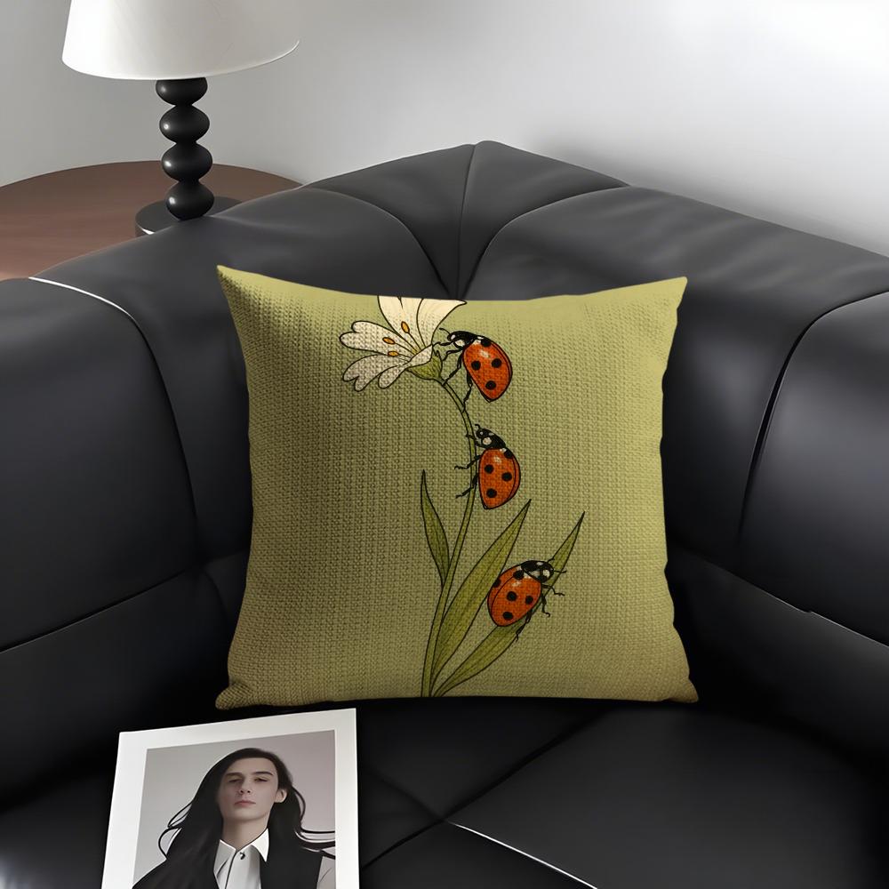 Cute Cartoon Ladybug Cushion Cover Natural Linen Organic Fabric DoubleSided Printing Sofa Home Decor Gift Pillow Case