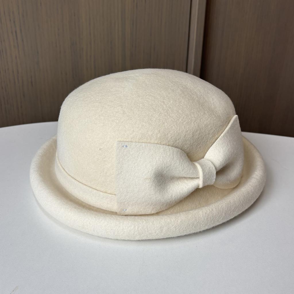 New Autumn And Winter Xiaoxiangfeng Top Hat, Elegant Bow, Curled Edge To Show The Face, Small Felt Hat, Women'S Versatile Thermal Basin Hat