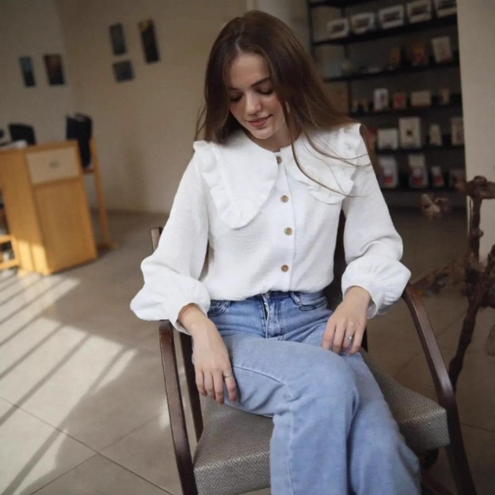 Classic French retro women's clothing, versatile fungus edge doll collar white lapel long-sleeved shirt top women's autumn