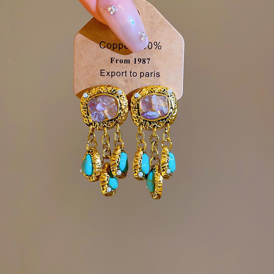 Retro Silver Needle Pearl & Faux Stone Geometric Tassel Earrings