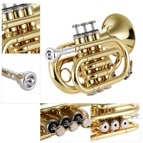 Juspins Mini Pocket Trumpet Bb Flat Brass Instrument with Mouthpiece Gloves, Cleaning Cloth, and Carrying Case