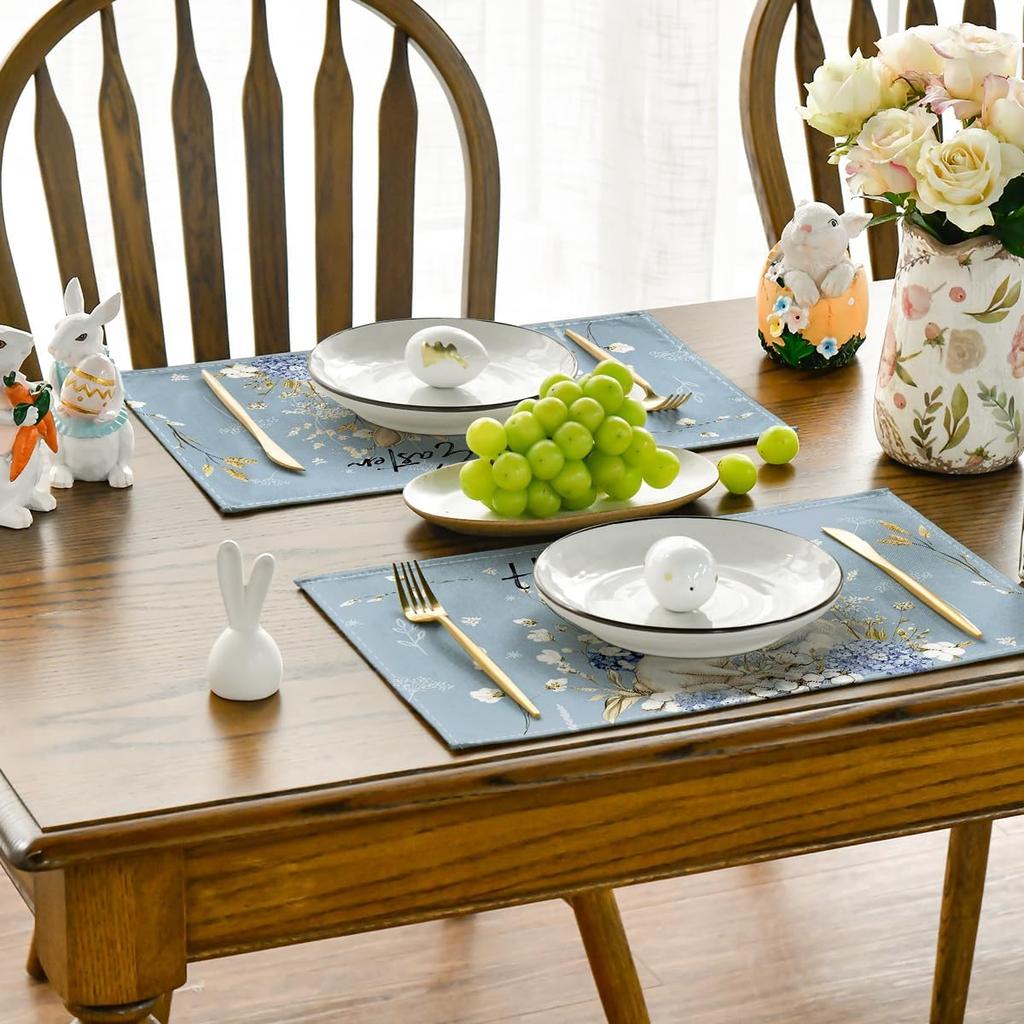 4/6pcs Happy Easter Bunny Rabbits Hydrangea Placemats, 12x18 Inch, Seasonal Spring Table Mats for Party Kitchen Dining Decoration
