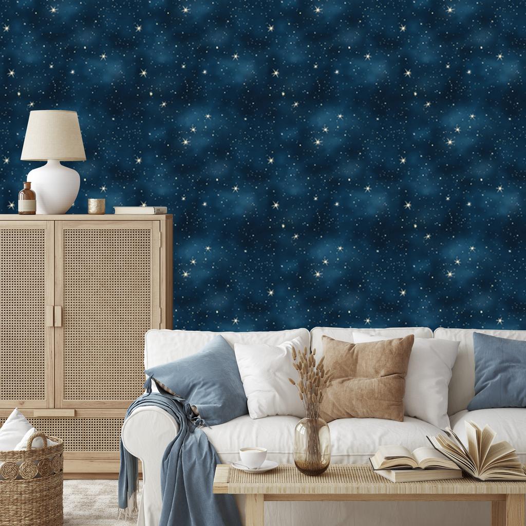 Navy and Turquoise Wallpaper Watercolor Galaxy, Soft Forms 50x1000