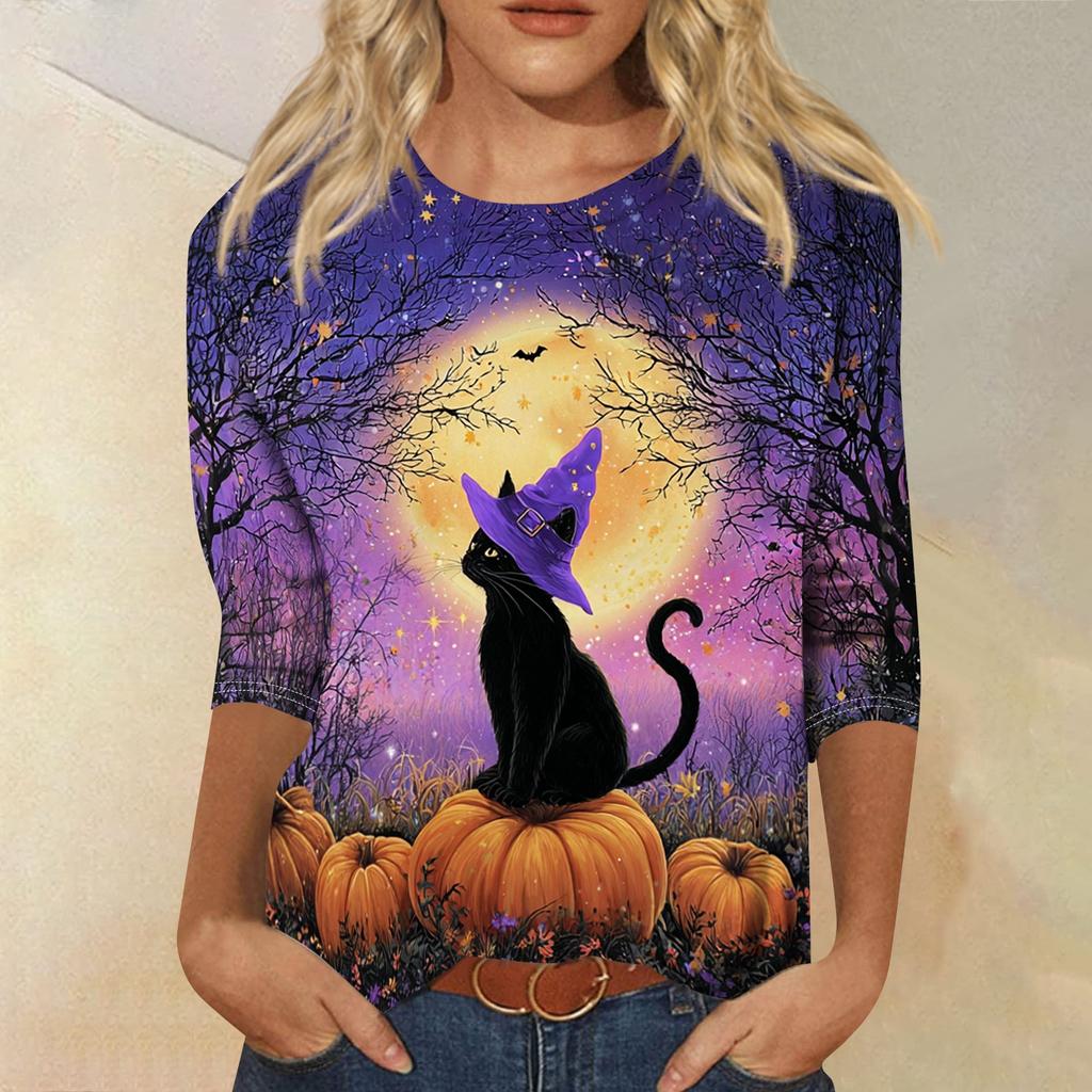 Women's Casual Halloween Print Round Neck Top Three Quarter Sleeve Lightweight Comfortable Street Style Shirt