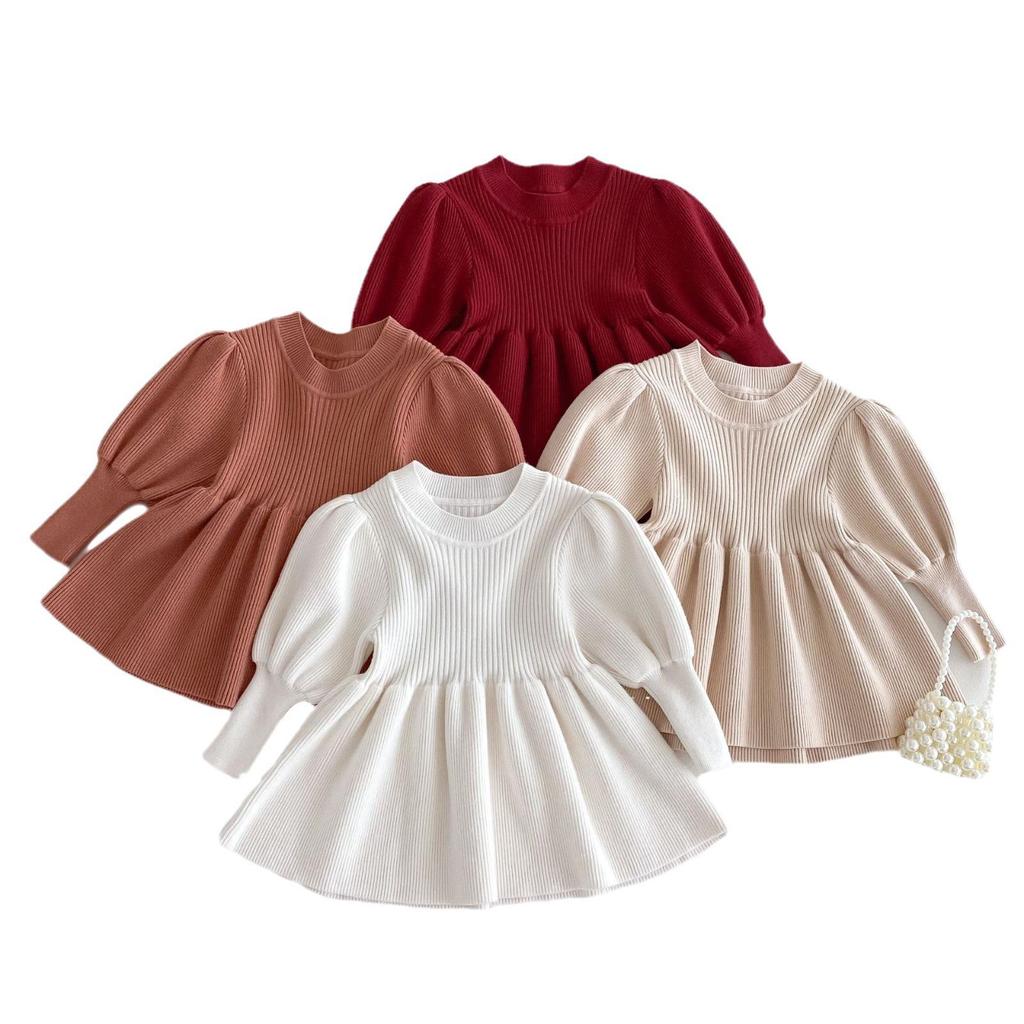Korean-Style Puff Sleeve Sweater for Girls, 0-5 Years, Autumn Fashion, Knitted Top AY636