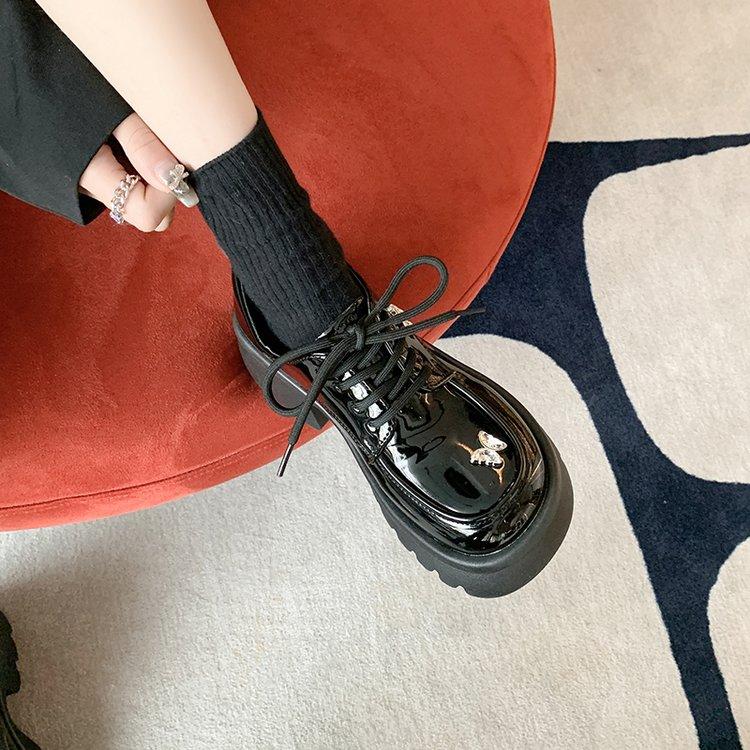 Designer Black Lace-up Casual Shoes Women's College Style Korean Cute Bow Embellished with Thick Sole English Style Basic Style