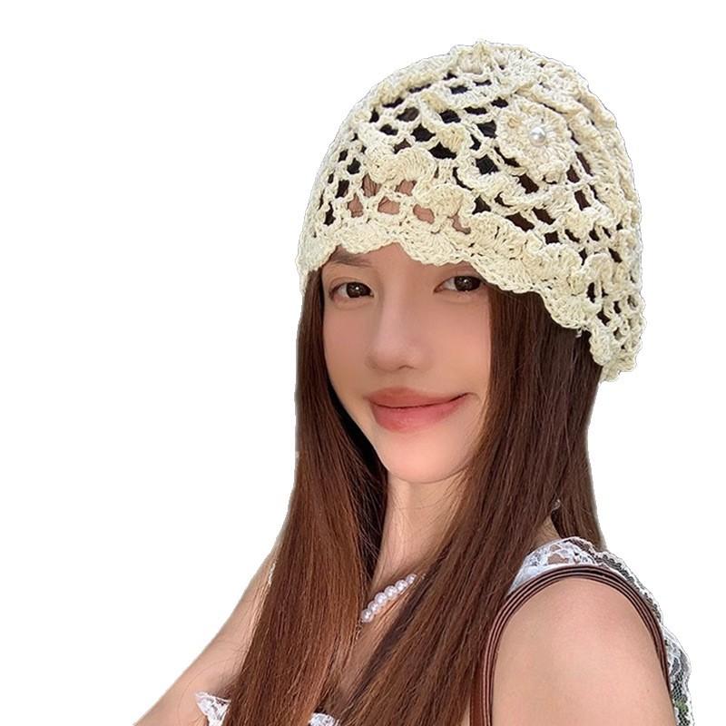 Spring and Summer Handmade Hook Up Knitted Head Hat for Women Thin Breathable Hollow Hat Fashionable Retro Niche Pullover Hat